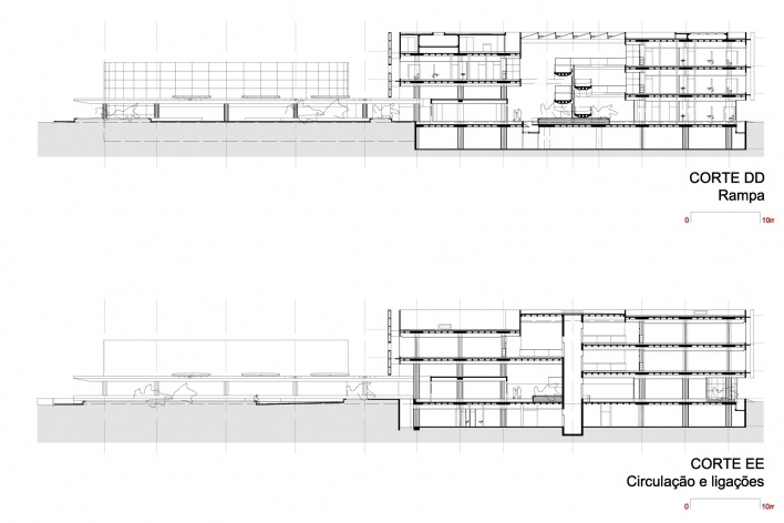 FHE – Fundação Habitacional do Exército, cortes DD e EE. Escritório MGS – Macedo, Gomes & Sobreira<br />Desenhos dos autores 