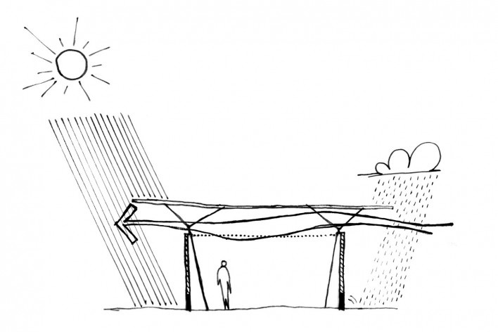 Croqui - Pavilhão da arquitetura em terra<br />Desenho Abiola Akandé Yayi e Robert Soares 
