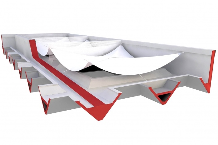 Proposta para Sobre-Cobertura do Edifício Vilanova Artigas, sede da FAU-USP, aplicação da sobre cobertura em mebrana tensionada. Arquiteto Pedro Paulo de Melo Saraiva, 2009<br />Imagem escritório 
