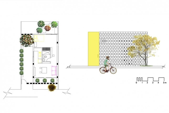 Casa Entre Bloques, planta baja y sección, Babahoyo, Ecuador, 2017. Arquitecto José Fernando Gómez M / Natura Futura Arquitectura<br />Imagén divulgacíon  [Natura Futura Arquitectura]