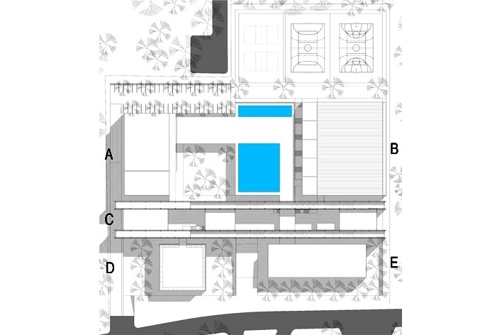 Concurso de Propostas Arquitetônicas para o futuro SESC Guarulhos, implantação, 10º lugar. Núcleo de Arquitetura + GrupoSP<br />Desenho dos autores 