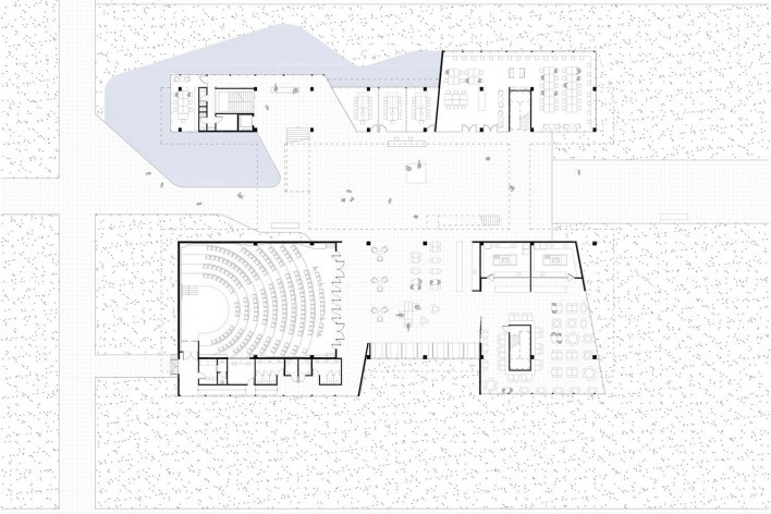 Ágora Tech Park, planta térreo, Joinville SC Brasil, 2019. Arquitetos Marcus Vinicius Damon, Guilherme Bravin e Andressa Diniz / Estúdio Módulo<br />Imagem divulgação  [Estúdio Módulo]