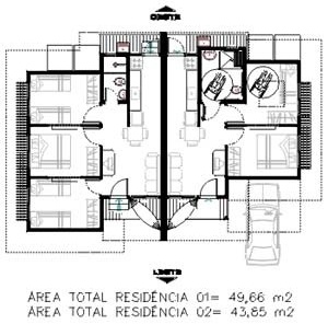 Residências Tipo 02. Planta baixa, orientação leste-oeste<br />Imagem dos autores do projeto 