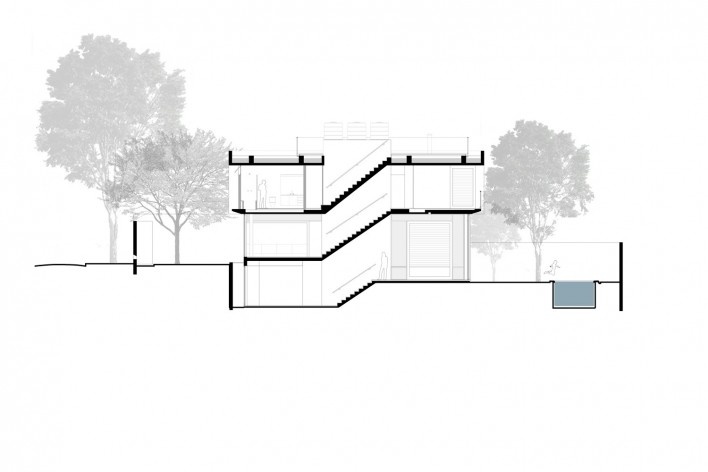 Casa Villa Lobos, corte bb, 2018, São Paulo SP Brasil. Arquitetos Cristiane Muniz, Fabio Valentim, Fernanda Barbara e Fernando Viégas/ Una Arquitetos<br />Imagem divulgação  [Acervo Una Arquitetos]