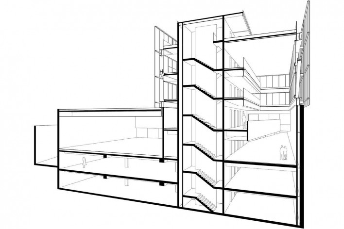 Nova sede da Confederação Nacional de Municípios – CNM, corte perspectivado, Brasília DF, 2016. Arquitetos Luís Eduardo Loiola e Maria Cristina Motta / Mira Arquitetos<br />Desenho divulgação 