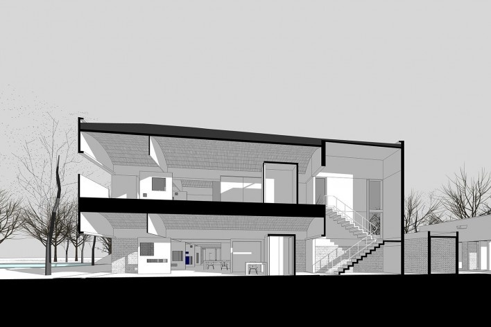 Casa Sarabhai, corte, Shadibag, Ahmedabad, India, 1952-55. Arquiteto Le Corbusier<br />Modelo tridimensional Matheus Bragagnolo / Imagem Edson Mahfuz 