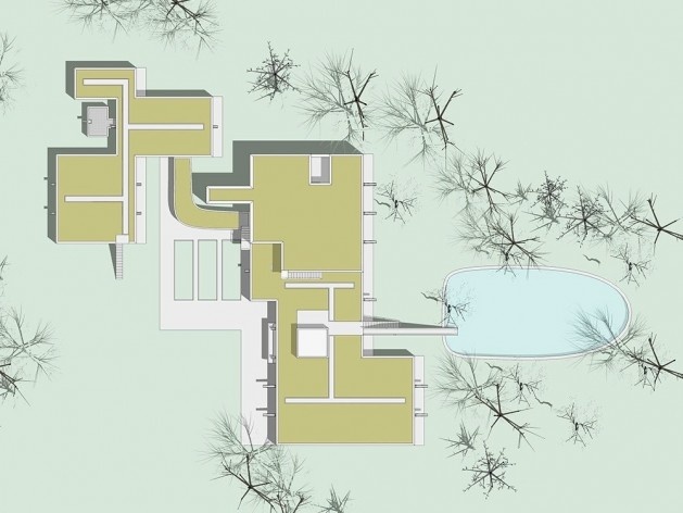 Casa Sarabhai, planta cobertura, Shadibag, Ahmedabad, India, 1952-55. Arquiteto Le Corbusier<br />Elaboração Edson Mahfuz 