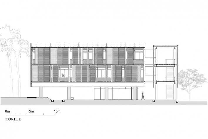 Dormitórios e alojamentos para professores e estudantes, corte, Miraflores, Panamá, 2014. Sic Arquitetura<br />Imagem divulgação 