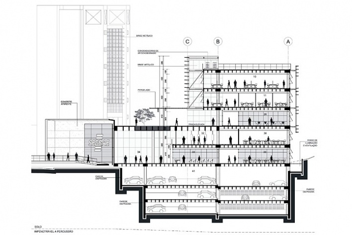 Centro de Referência em Empreendedorismo do Sebrae-MG, corte transversal, 2º lugar. Arquiteto Francisco Spadoni, 2008<br />Desenho escritório 