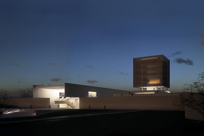 Concurso Internacional para Projeto Arquitetônico do Museu Exploratório de Ciências da Unicamp, vista noturna sudoeste do museu, menção honrosa. Arquitetos Fábio Boretti, Bernardo Telles e Luis Alexandre Pereira Pinto, 2009<br />Imagem equipe 