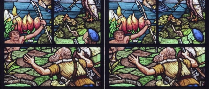 A visão de Anhanguera, painel de Benedito Calixto no Museu do Café em Santos; à esquerda, painel original; à direita, painel restaurado<br />Fotos Victor Hugo Mori 