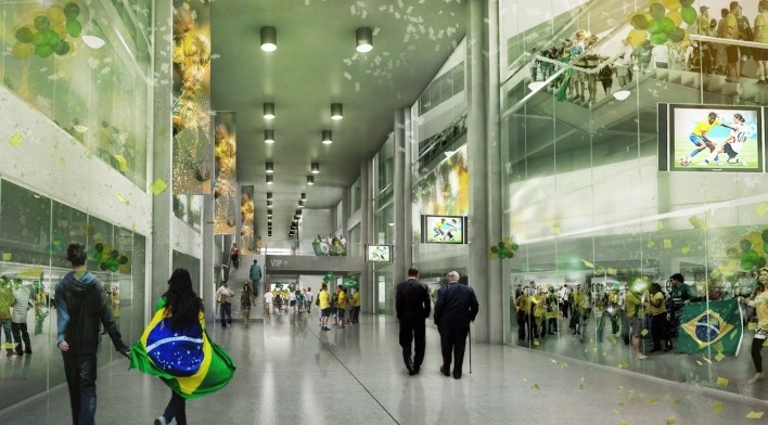 Complexo Esportivo e Cultural Clube Atlético Paranaense, hall de acesso do complexo, Curitiba. Arquiteto Carlos Arcos<br />Imagem divulgação 