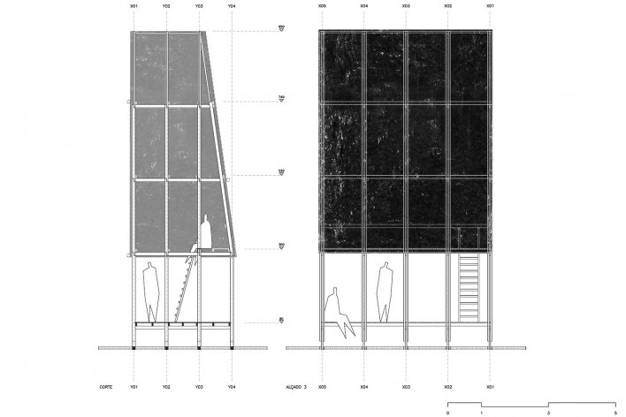 Observatório do Campo e das Estrelas, corte e elevação 3, Ceibas, Entre Rios, Argentina, arquitetos Cássio Sauer e Elisa T Martins<br />Imagem divulgação  [Sauermartins]