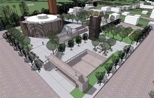 Vista geral da Praça. O eixo criado para o campanário e a escadaria de grandes dimensões possuem intenções de monumentalidade. O reflexo no espelho d’água também, além de fazer uma referência à importância do rio para o desenvolvimento da cidade<br />Imagem do autor do projeto 