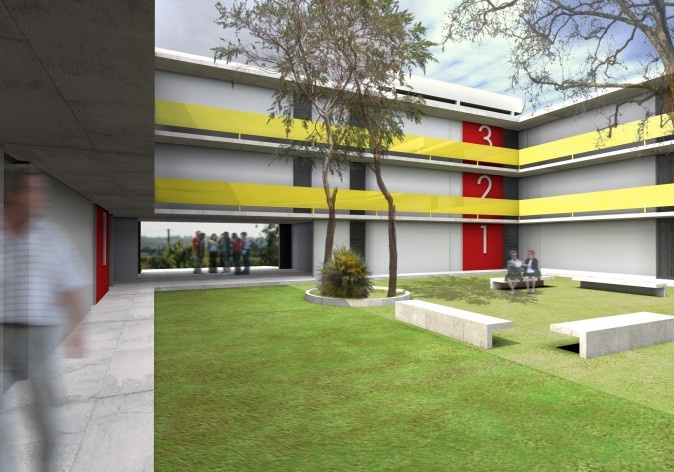 Pátio interno. Concurso Habitação para Todos - CDHU. Edifícios de 3 pavimentos - 1º Lugar.<br />Autores do projeto  [equipe vencedora]