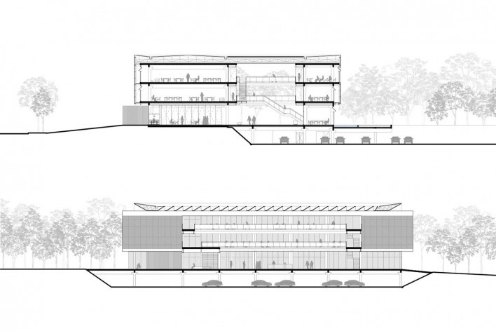Ágora Tech Park, cortes transversal e longitudinal, Joinville SC Brasil, 2019. Arquitetos Marcus Vinicius Damon, Guilherme Bravin e Andressa Diniz / Estúdio Módulo<br />Imagem divulgação  [Estúdio Módulo]