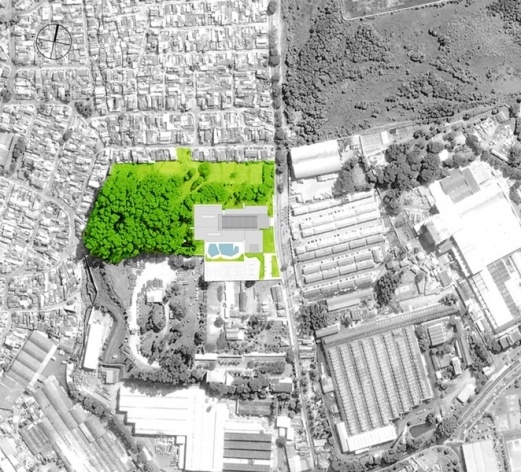 Concurso de Propostas Arquitetônicas para o futuro SESC Guarulhos, 1º lugar, foto aérea com implantação. Arquitetos Renato Dal Pian e Lilian Dal Pian<br />Desenho do escritório 