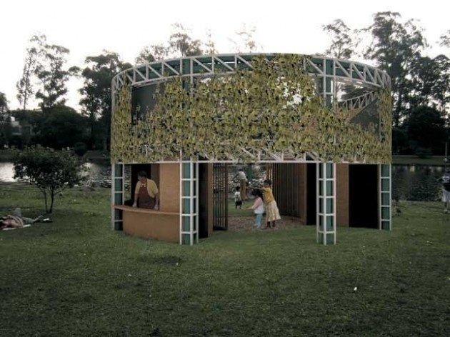 Projeto de quiosque para parques públicos de São Paulo. perspectiva. Amanda Landeiro, Camila Legey, Luana Lima, Mariana Villas-Bôas. Menção honrosa categoria estudantes, 2009.