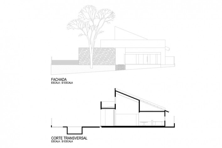 Residência FJR, fachada e corte transversal, Marília SP Brasil, 2018. Arquitetos Alfredo Ramos e Silvia Siscar/ Trí Arquitetura<br />Imagem divulgação  [Trí Arquitetura]