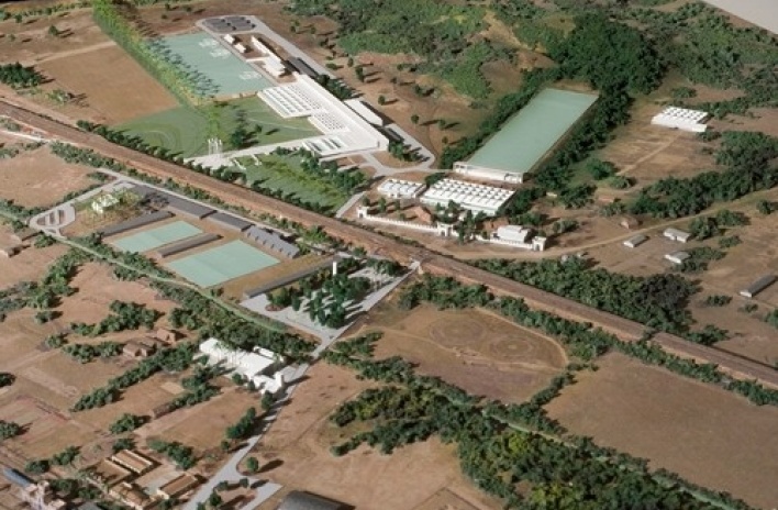 Vista aérea da maquete, en destaque o Centro de Tiro Esportivo e o Centro de Tiro com Arco<br />Imagem dos autores do projeto 