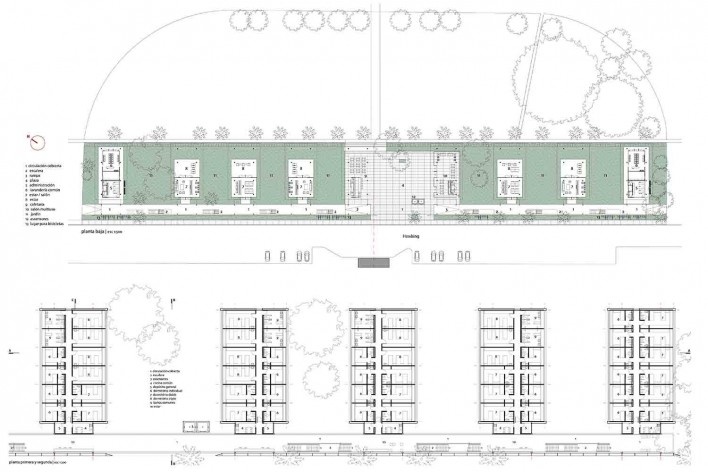 Dormitórios e alojamentos para professores e estudantes, planta baixa (acima) e plantas de primeiro e segundo pavimentos (abaixo), Miraflores, Panamá, 2008. Sic Arquitetura<br />Imagem divulgação 