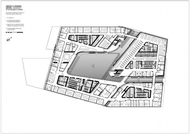 Library and Learning Centre, University of Economics & Business Vienna, plan second floor level. Zaha Hadid Architects