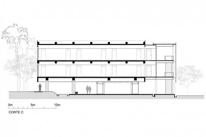 Dormitórios e alojamentos para professores e estudantes, corte, Miraflores, Panamá, 2014. Sic Arquitetura<br />Imagem divulgação 