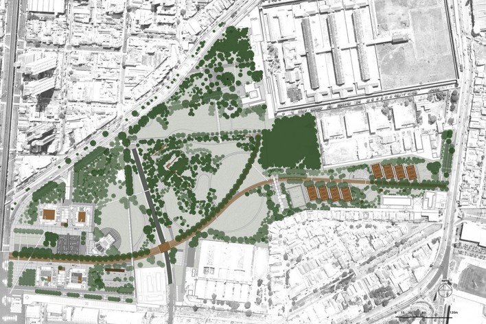 Rosa Grena Kliass Arquitetura Paisagismo, Parque da Juventude, 2007. Foto aérea e implantação