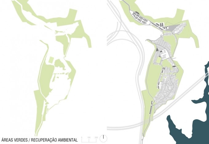 Diagrama de projeto. Áreas verdes e recuperação ambiental. Projeto de Urbanização Integrada<br />Fonte Boldarini Arquitetos Associados 
