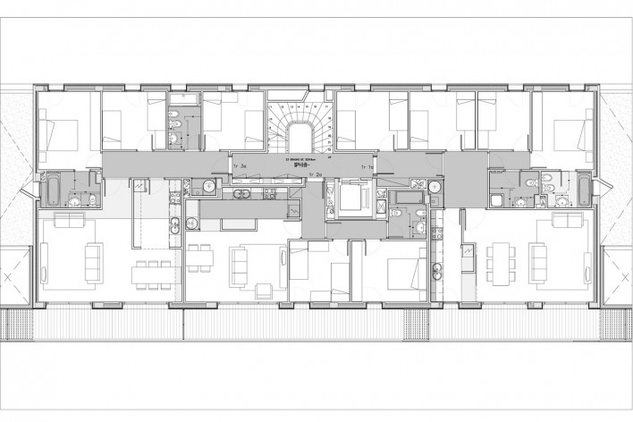 Conjunto Habitacional Fira de Barcelona – L’Hospitalet de Llobregat, planta tipo do edifício, Barcelona 2009. ONL Arquitectura<br />Imagem divulgação 