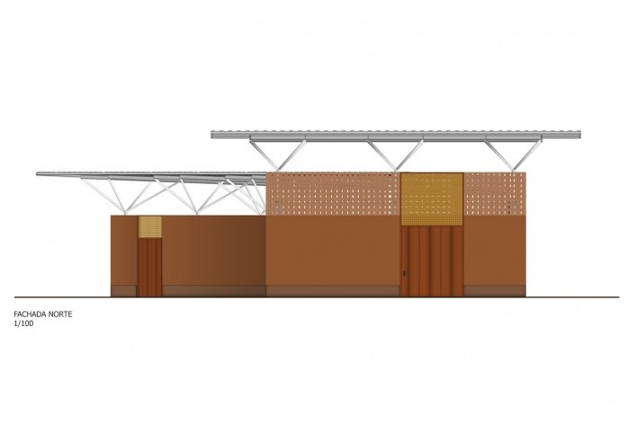 Fachada - Pavilhão da arquitetura em terra<br />Desenho Abiola Akandé Yayi e Robert Soares 