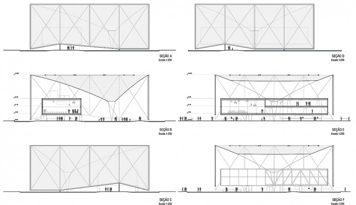 Pavilhão do Brasil Expo Dubai 2020, elevações e cortes, Dubai/Emirados Árabes Unidos, 2018. Arquitetos José Paulo Gouvêa, Marta Moreira, Martin Benavidez e Milton Braga<br />Imagem divulgação  [Acervo BEN-AVID/MMBB Arquitetos/JPG.ARQ]
