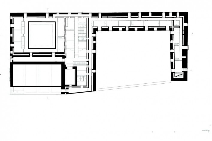 Reabilitação do Colégio da Trindade — Colégio Europeu, planta segundo piso,Coimbra, Portugal, 2016. Arquitetos Manuel Aires Mateus e Francisco Aires Mateus / Aires Mateus Arquitectos<br />Imagem divulgação/ disclosure image  [Aires Mateus Arquitectos]