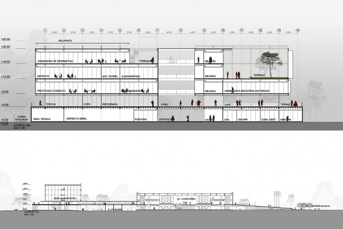 Corte AA e corte geral, Sede Administrativa da Câmara Municipal de Porto Alegre, 1º lugar, Corsi Hirano Arquitetos<br />Imagem divulgação 