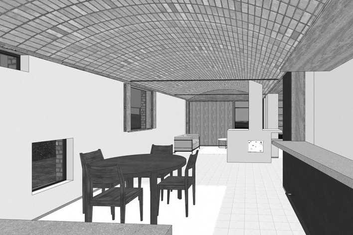 Casas Jaoul, vista interna do edifício, Neully-sur-Seine, Paris, França, 1951-56. Arquiteto Le Corbusier<br />Modelo tridimensional Lucas Kirchner / Imagem Edson Mahfuz 