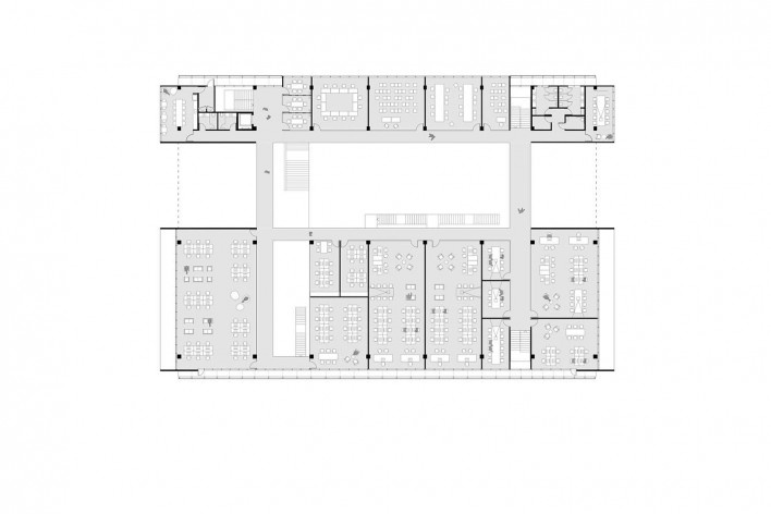 Ágora Tech Park, planta segundo pavimento, Joinville SC Brasil, 2019. Arquitetos Marcus Vinicius Damon, Guilherme Bravin e Andressa Diniz / Estúdio Módulo<br />Imagem divulgação  [Estúdio Módulo]
