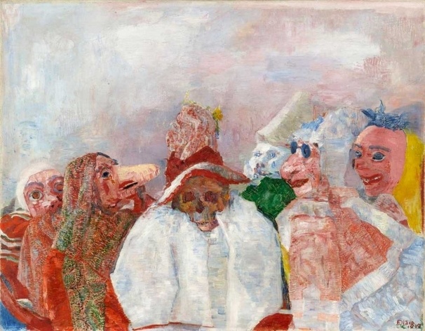 James Ensor, <i> Masques raillant la mort </i>, 1888, óleo sobre tela, 81,3 x 100,3 cm [Acervo: The Museum of Modern Art]
