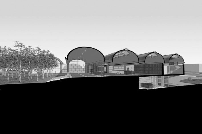 Museu de Arte Kimbell, corte perspectivado, Fort Worth, Texas, EUA, 1972. Arquiteto Louis I. Kahn<br />Modelo tridimensional Miguel Bernardi / Imagem Edson Mahfuz 