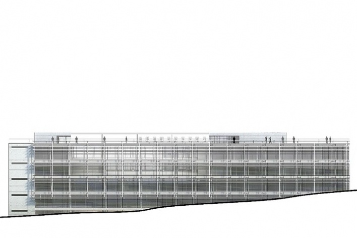 Centro de Referência em Empreendedorismo do Sebrae-MG, fachada Rua Boturobi, 2º lugar. Arquiteto Francisco Spadoni, 2008<br />Desenho escritório 