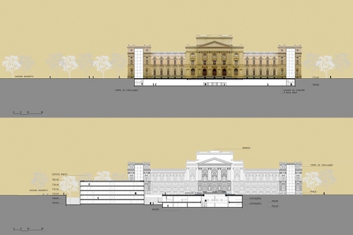 Ampliação do Museu Paulista da USP (Museu do Ipiranga), cortes EE e FF. Arquitetos Eduardo Colonelli e Silvio Oksman, 2008<br />Imagem escritório 