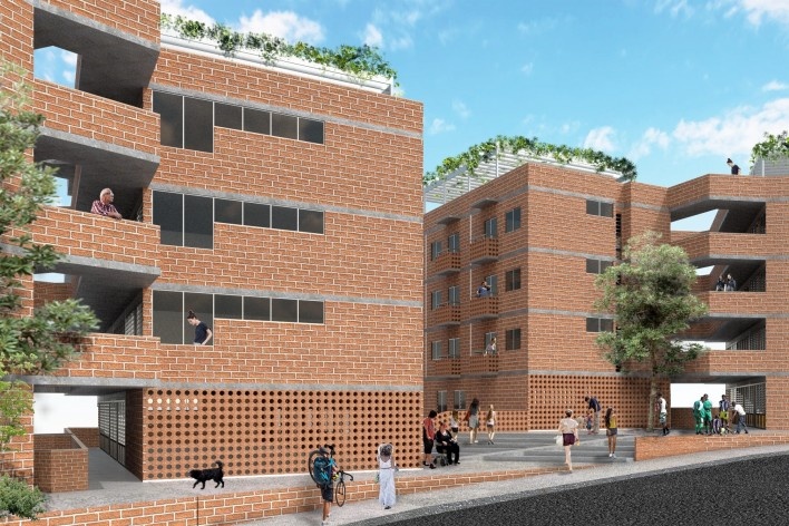 Habitacional Humuarana, fachada noroeste com praça pública no afastamento frontal, Rio de Janeiro, 2020. Arquiteto Luiz Carlos Toledo e estagiário Maciel Antônio da Silva