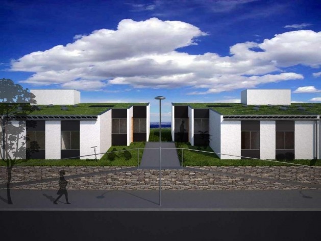 Perspectiva externa. Concurso Habitação para Todos CDHU. Casas escalonadas - Menção honrosa.<br />Autores do projeto  [equipe premiada]