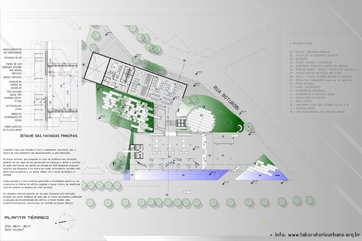 Centro de Referência em Empreendedorismo do Sebrae-MG, planta térreo, menção honrosa. Arquiteto Érico Flumignan Pacheco, 2008<br />Desenho escritório 