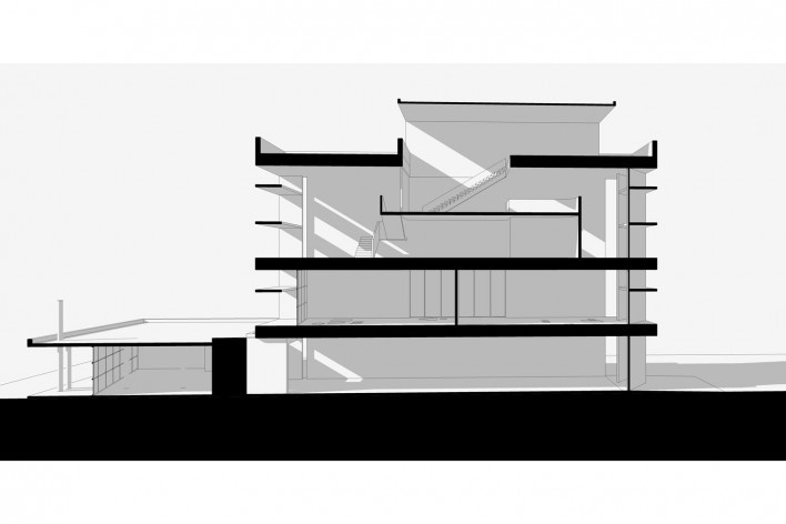 Associação da Indústria Têxtil, corte longitudinal, Ahmedabad, Gujarat, Índia, 1954. Arquiteto Le Corbusier<br />Elaboração/ Elaboración Edson Mahfuz 