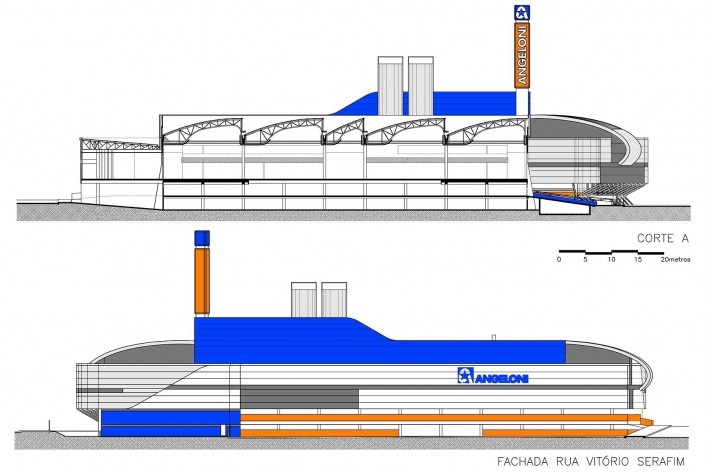 Supermercado Angeloni, corte e elevação, Criciúma, 1976-1978 (original) e 2009-2011 (reforma e ampliação). Douglas Piccolo Arquitetura