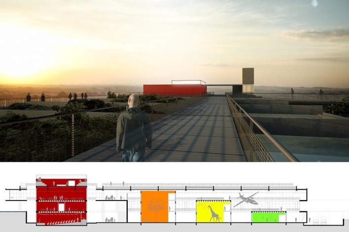 Concurso Internacional para Projeto Arquitetônico do Museu Exploratório de Ciências da Unicamp, vista do observatório astronômico a partir da cobertura e corte longitudinal, menção honrosa. Arquitetos Alessandro Muzi, Hernani Paiva e Luiz Kuller, 2009<br />Imagens equipe 