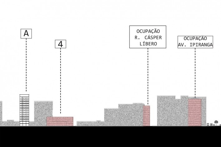 Projeto "À margem", corte passando pelos edifícios da proposta. Camila Ghendov, Mariana Simões da Costa e Vinicius Nakama, FAU Mackenzie<br />1º lugar 