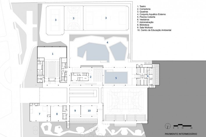 Sesc Guarulhos, planta pavimento intermediário, Guarulhos, 2019. Arquitetos Lilian Dal Pian e Renato Dal Pian / Dal Pian Arquitetos<br />Imagem divulgação  [Acervo Dal Pian Arquitetos]