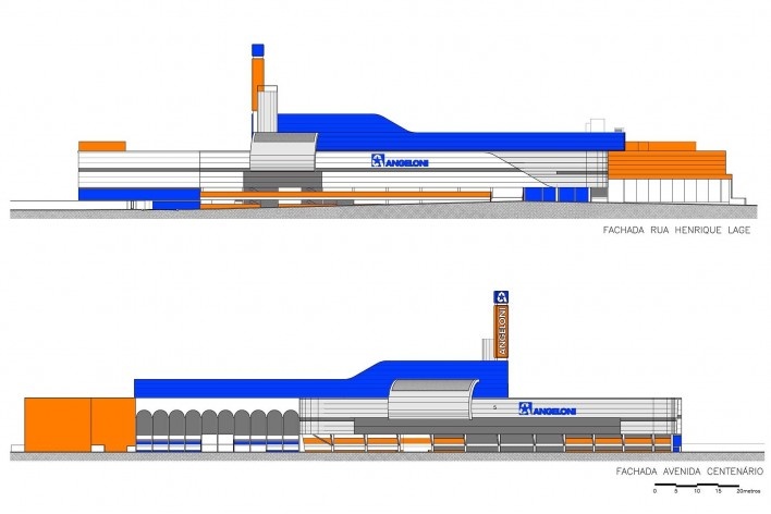 Supermercado Angeloni, elevações, Criciúma, 1976-1978 (original) e 2009-2011 (reforma e ampliação). Douglas Piccolo Arquitetura