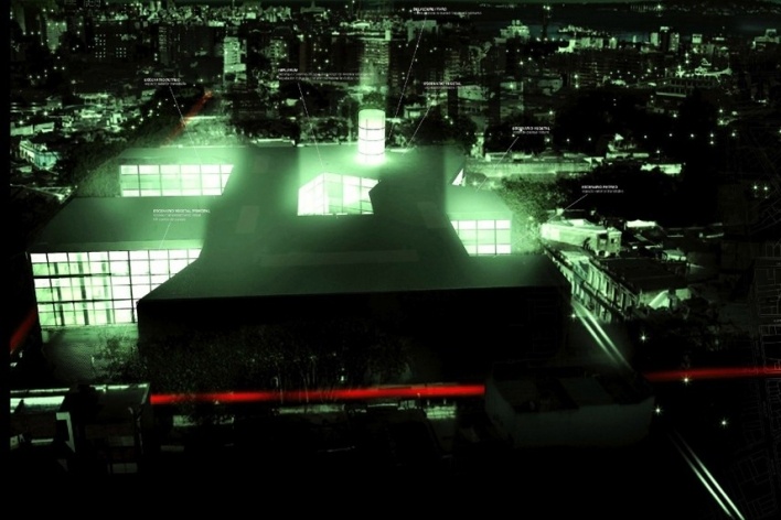 Vista aérea noturna<br />Imagem autores: Javier Navarro, Sergio Barreto, Andrés Gobba, Mauricio López, Matías Carba  [MAAM e MV/Arquitectos, 2008]
